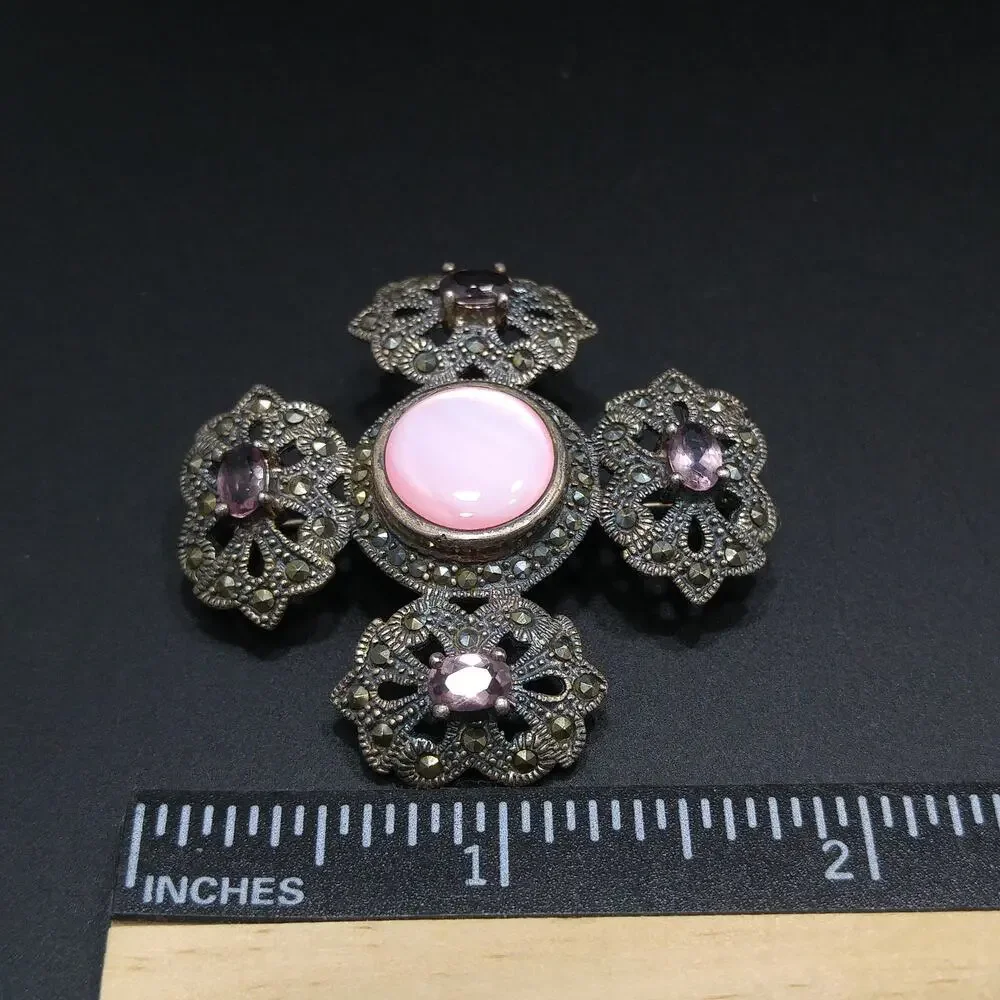 Sterling Marcasite Pink Shell Brooch, 925 NE, Purple Glass, 1950s Vintage